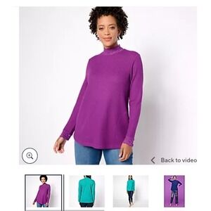 LOGO by Lori Goldstein‎ Purple glitter Waffle Knit Metallic Lace Mock Neck Top S